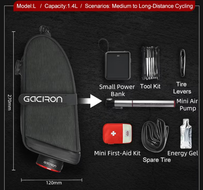 Gaciron BIRD NEST 300G Aero Saddle Bag with Magnetic Smart Taillight (S only)